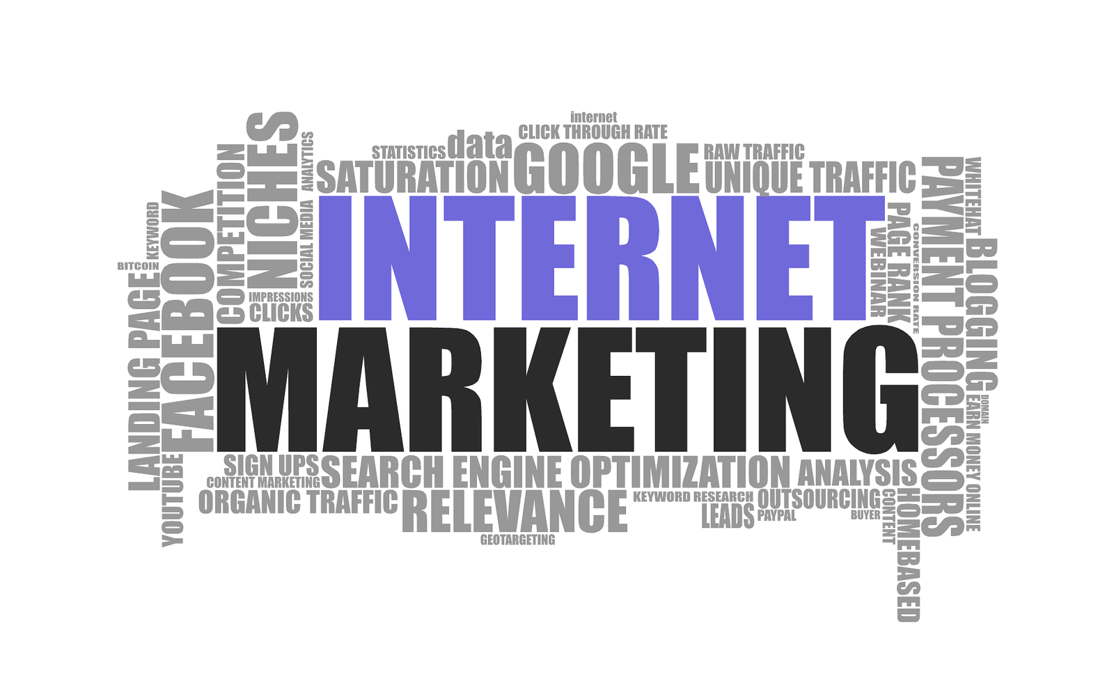 Word tag cloud on white background illustrating internet marketing concept.